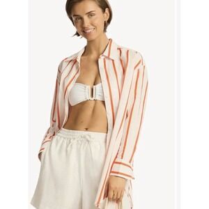 Sea Level Swim Australia Shirt Coverup Linen Cotton‎ Orange Stripe Button Medium